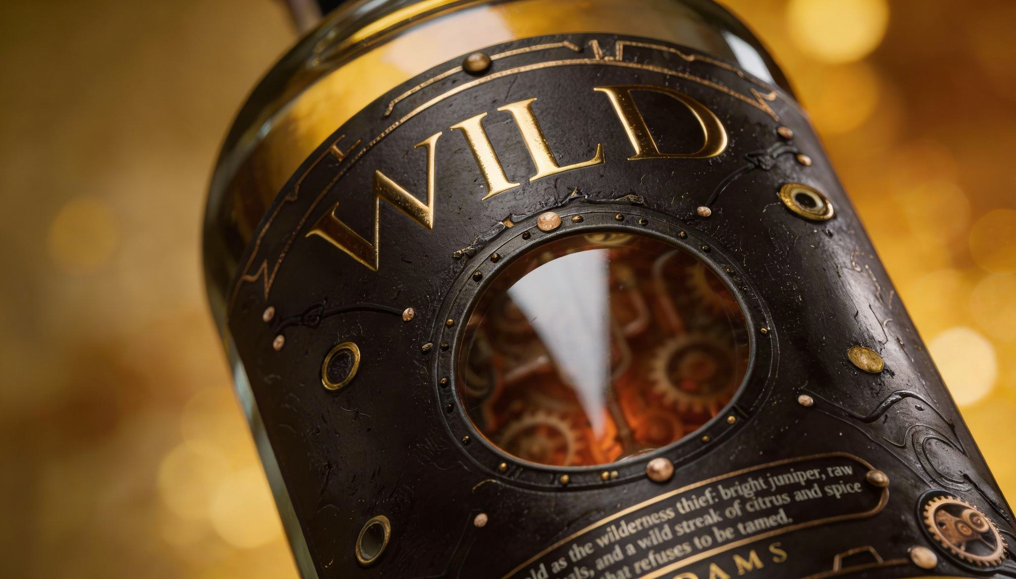 Design d'étiquette gin Wild by Adams Singapore - Bouteille artisanale avec motifs géométriques complexes et finitions premium