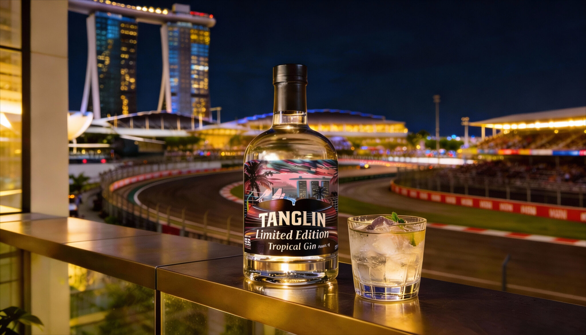 Design étiquette collector gin Tanglin pour Grand Prix F1 Singapore 2024 - Vue nocturne Marina Bay Street Circuit