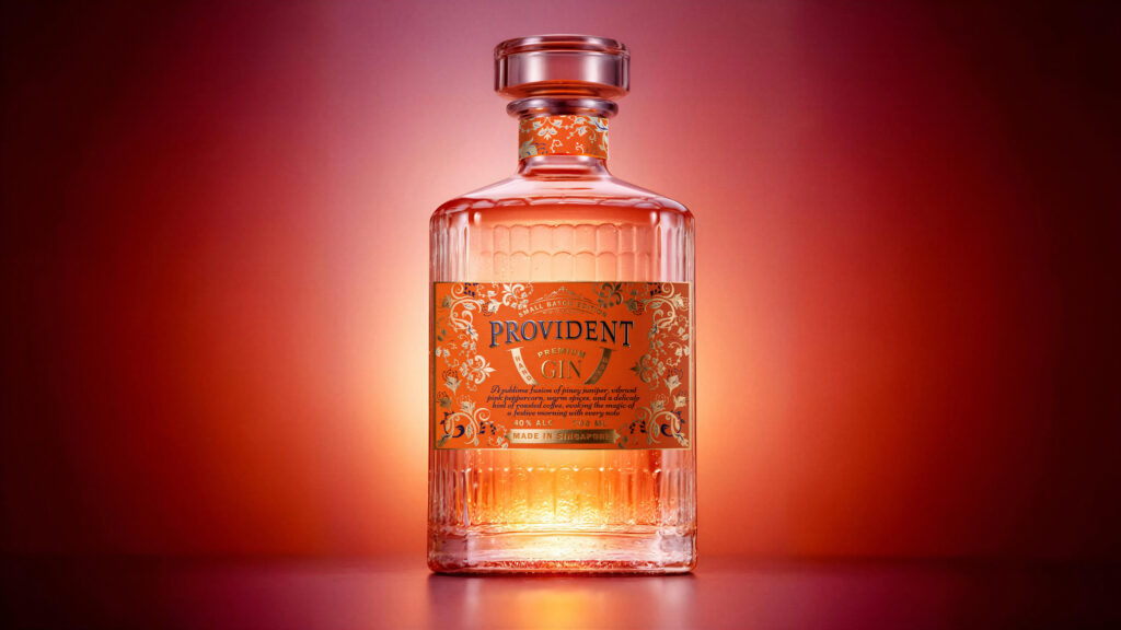 Bouteille de gin 'Provident' mise en valeur par un dégradé de couleurs chaudes (terre cuite, ambre, rouge profond) en arrière-plan. Le flacon en verre transparent révèle un liquide doré, avec une étiquette vintage aux motifs floraux et typographie élégante. La palette chromatique évoque l'intemporalité et le luxe discret des spiritueux premium.