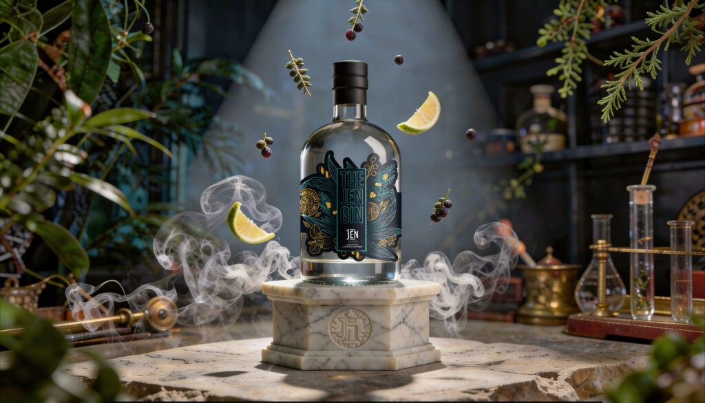 Étiquette de gin personnalisée pour chaîne hôtelière Jen Singapore - Design luxe aux détails dorés