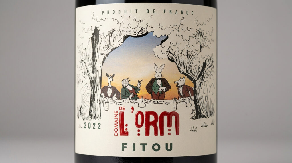 Bouteille de vin rouge Domaine de L'ORM Fitou 2022, produit en France, avec une étiquette illustrée représentant des animaux (lapin, renard, sanglier) assis autour d'une table dans une forêt, évoquant une scène de fable ou de conte.