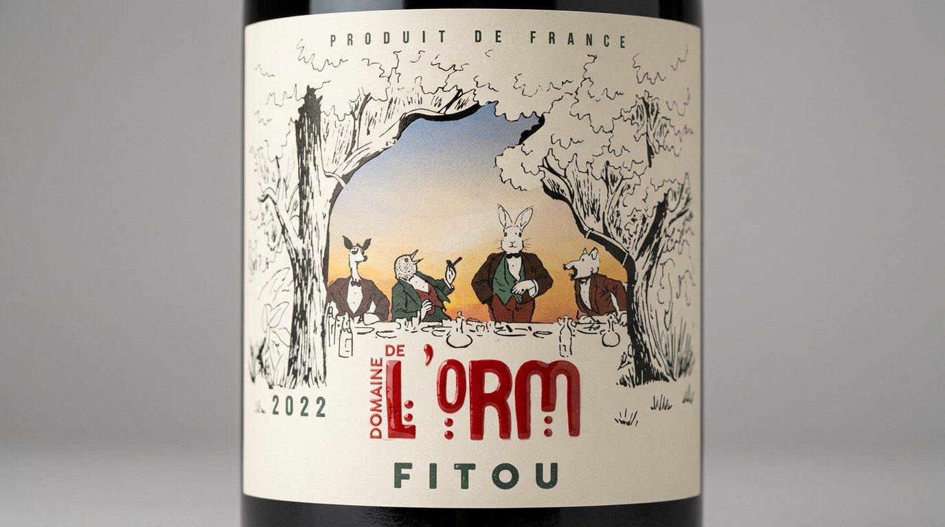 Bouteille de vin rouge Domaine de L'ORM Fitou 2022 — étiquette illustrée animaux forêt