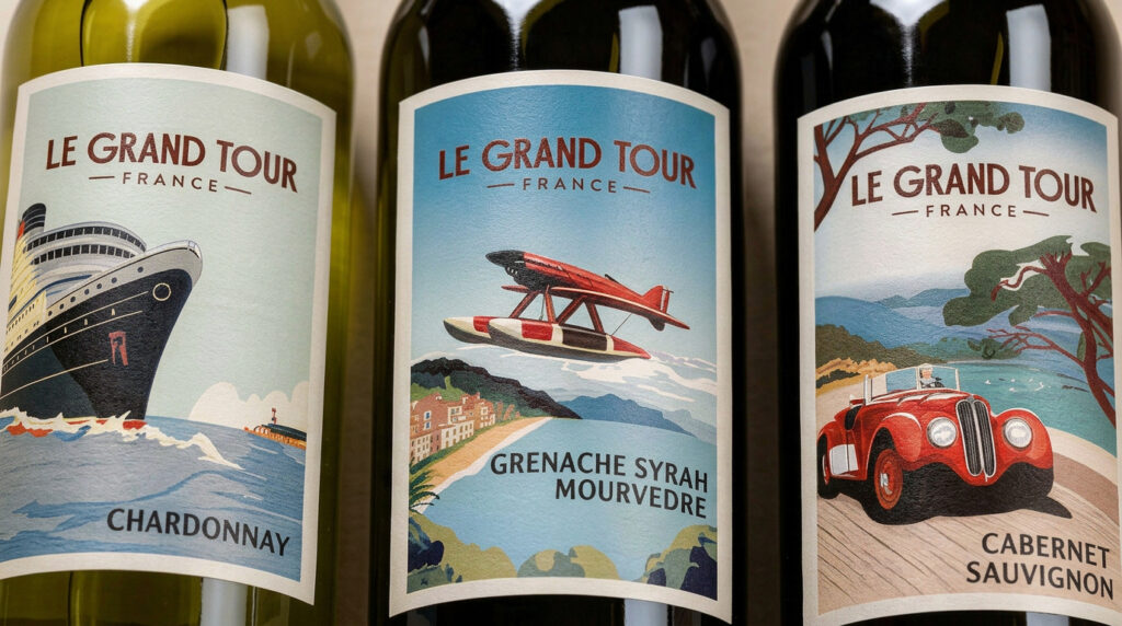 Gamme de vins 'Le Grand Tour' illustrant une cohérence visuelle parfaite : trois bouteilles avec une identité graphique commune (typographie, structure, bandeau 'France Tour') mais des illustrations distinctes évoquant des voyages et cépages différents. De gauche à droite : Chardonnay (paquebot), Grenache Syrah Mourvèdre (avion vintage), Cabernet Sauvignon (voiture de collection). Fond dégradé pastel pour mettre en valeur les étiquettes rétro.