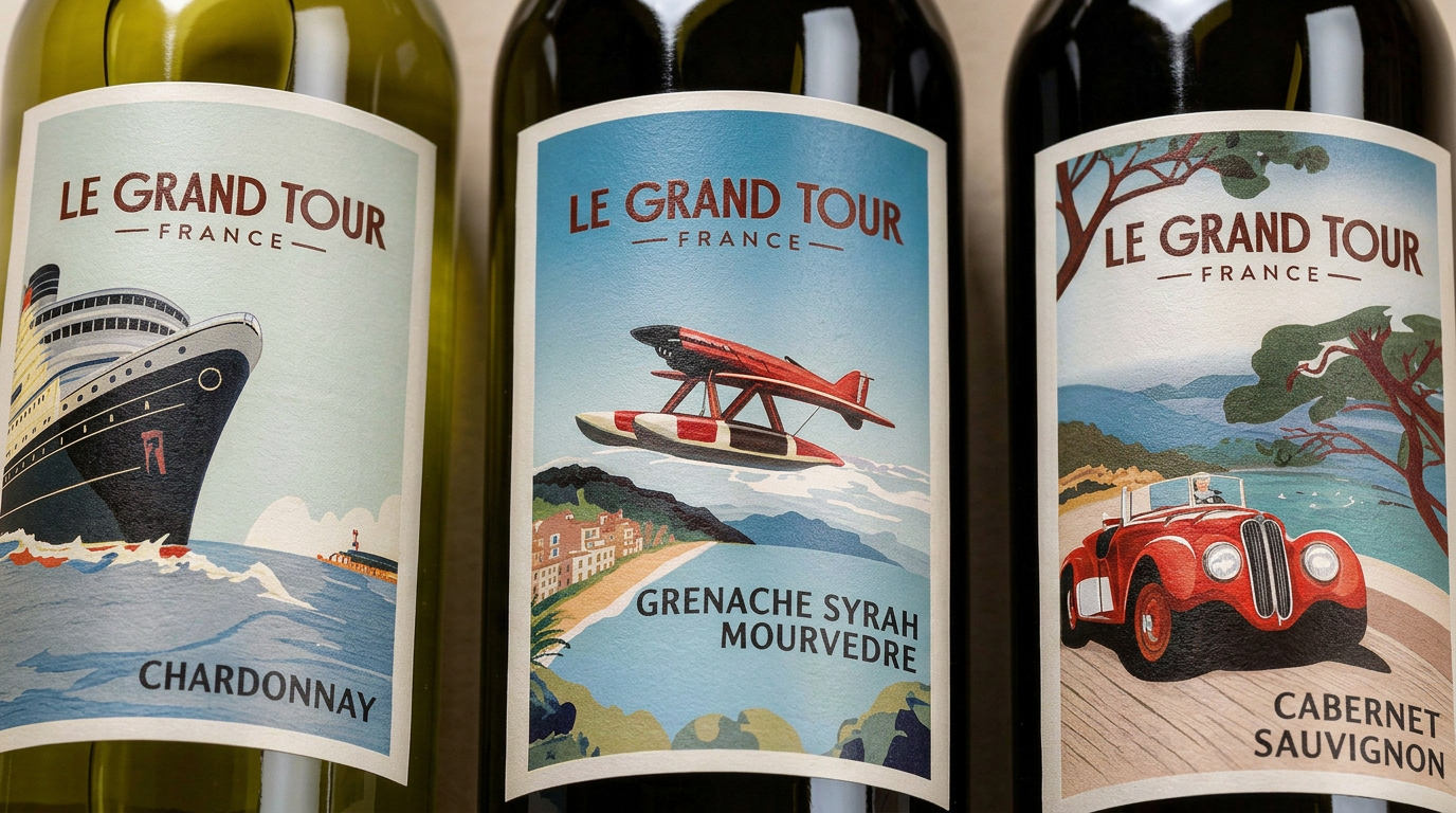 Gamme Le Grand Tour — trois bouteilles Chardonnay Grenache Cabernet cohérence identité visuelle