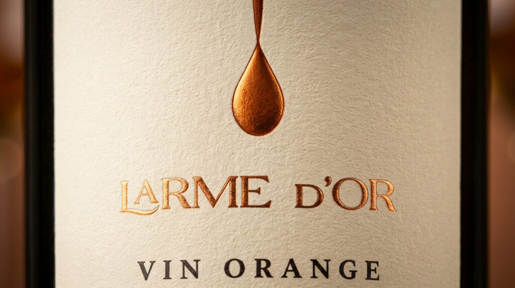 Étiquette minimaliste d'un vin orange 'Larme d'Or', avec une typographie dorée sur fond texturé beige. Une unique goutte dorée symbolise l'élégance épurée du design, caractéristique des vins nature et spiritueux premium.