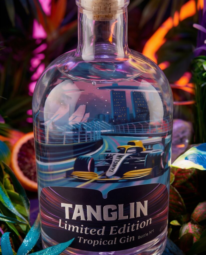Création graphique bouteille gin tropical édition spéciale Singapour
