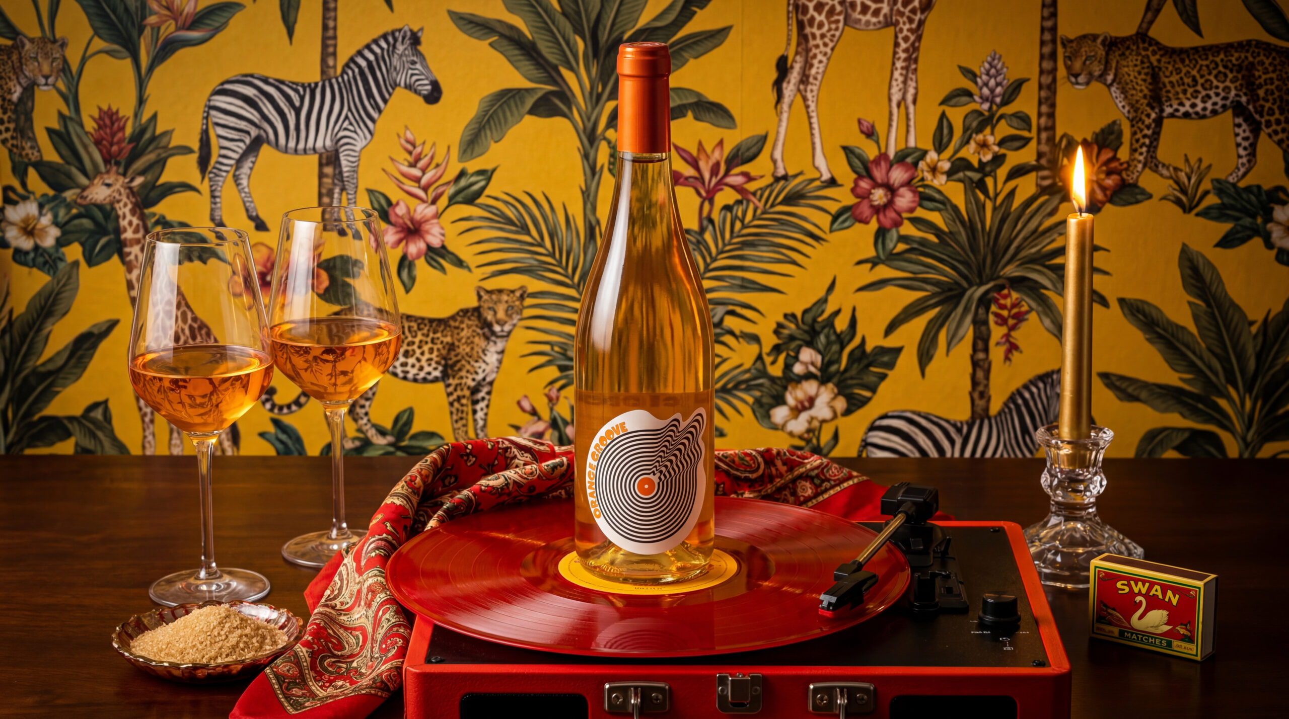 Bouteille vin Orange Groove fond jaune tourne-disque