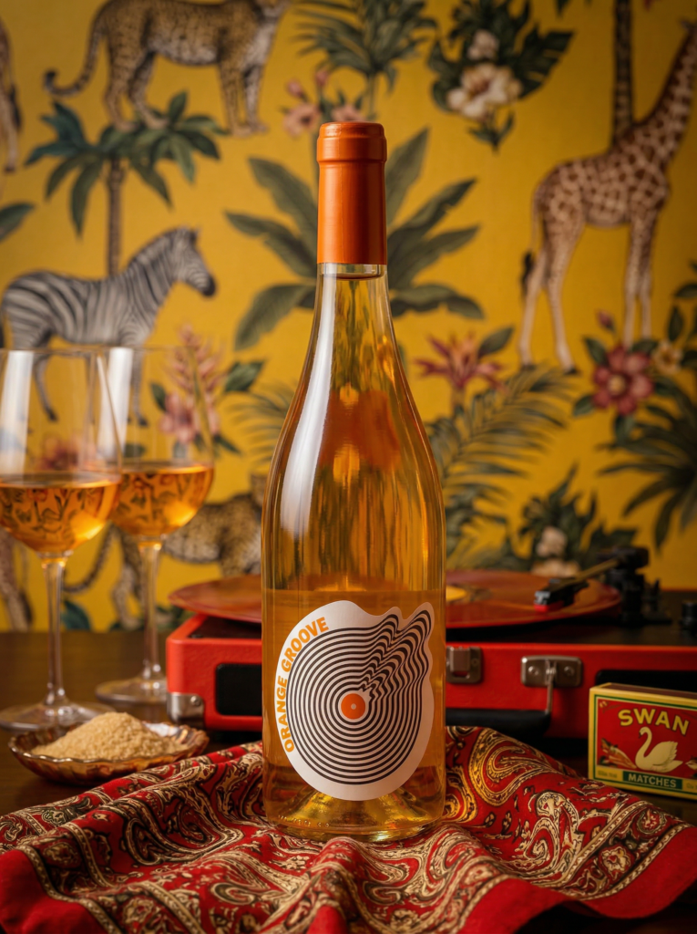 Bouteille vin Orange Groove sur table dressée fond mural tropical