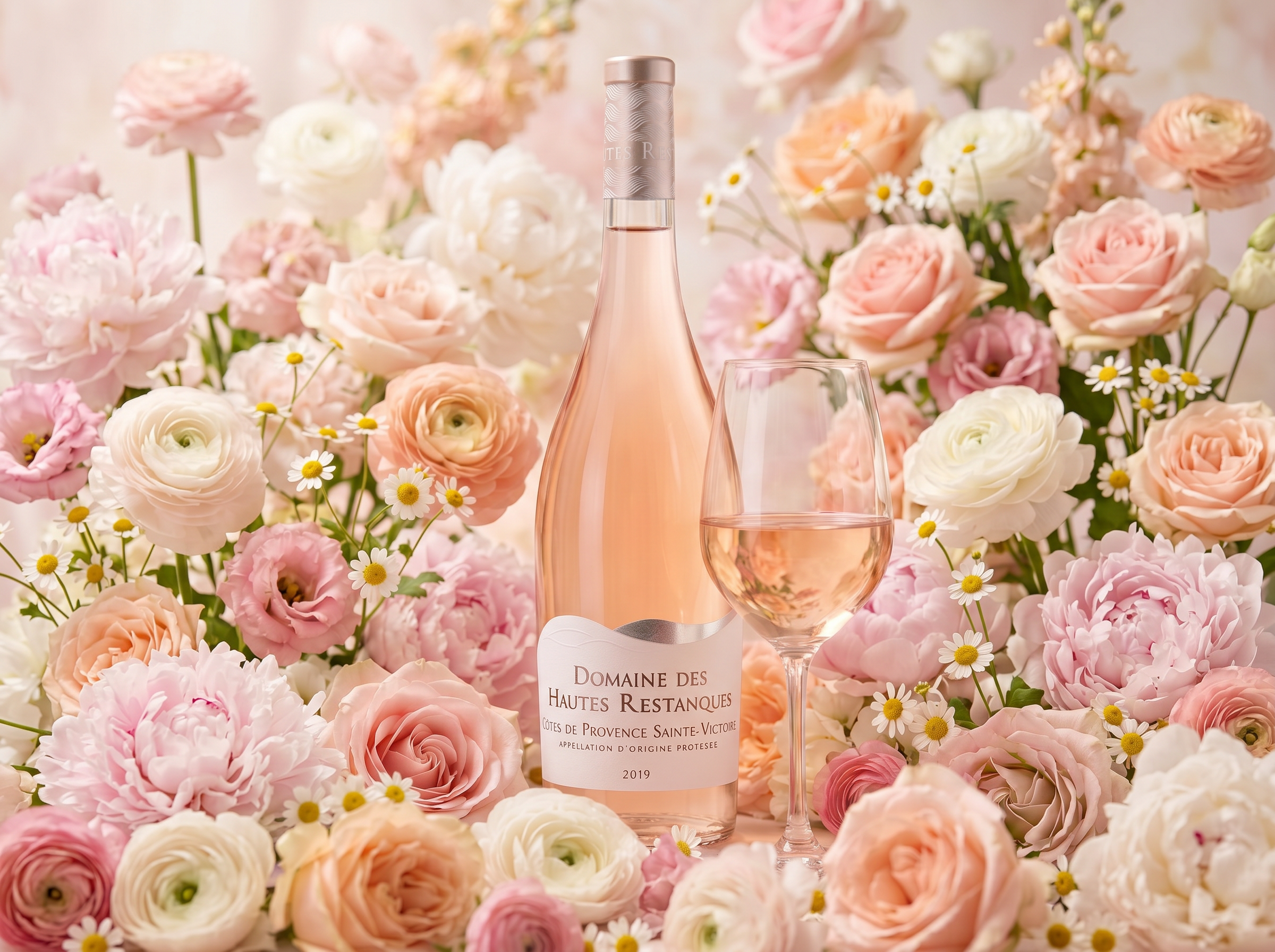 Bouteille de rosé Domaine des Hautes Restanques entourée de fleurs